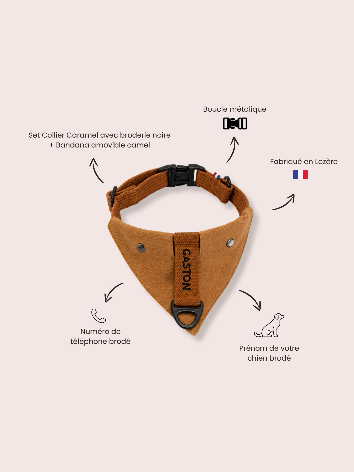 Collier Caramel noir et Bandana camel amovible